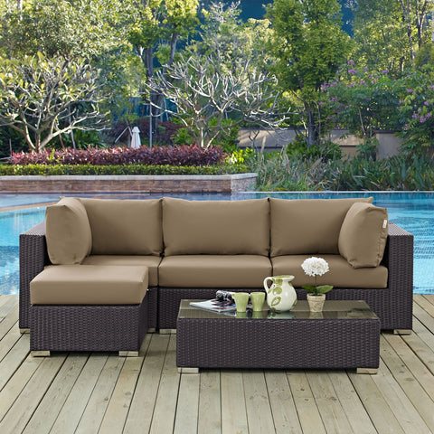 Modway Convene Wicker Rattan 5-Piece Outdoor Patio Sectional Sofa Furniture Set in Espresso Mocha