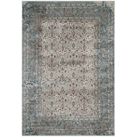 Modway Dilys Distressed Vintage Floral Lattice 5x8 Area Rug In Teal, Brown and Beige