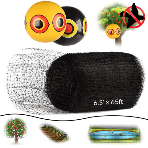 Bird Netting Mesh for Garden - 6.5' x 65ft - Heavy Duty + 2 Scare Eye Bird Balloons - Durable and Reusable – Multipurpose Netting for Fruit, Vegetable, Plant Trees, Fencing Protection from Animals