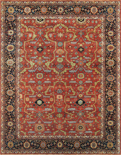 Pasargad Home Ferehan Collection Hand-Knotted Rust/Navy Floral Wool Area Rug- 6' 0'' X 12' 2''