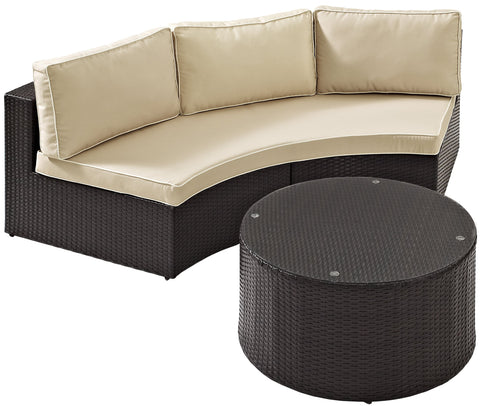 Catalina 2Pc Wicker Outdoor Sectional Patio Furniture Set Sand/Brown - Sectional Sofa & Round Glass Top Coffee Table