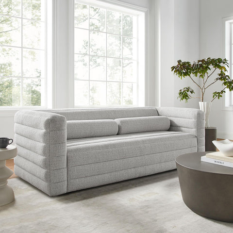 Modway Relle Channel Tufted Boucle Upholstered Sofa in Newsprint - Deep Seat Plush Couch - Retro Vintage Mid Century Soft Sofa with 2 Bolster Pillows - 3 Seater Couch for Living Room