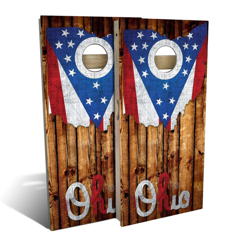 Skip's Garage Ohio Rustic Wood Flag Cornhole Set - Backyard 2x4 (Corn Bags) - Include Case + Hole + Edge