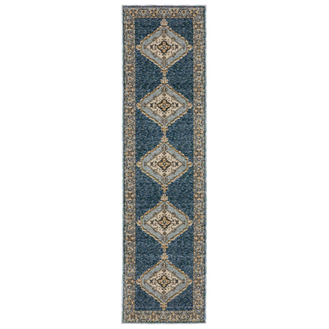 Oriental Weavers Andorra Area Rug - 2430A - 2'3" x 8' - in Blue/Gold - Vintage Bohemian Style, Stain Resistant, Family and Pet Friendly, Entryway, Hallway Runner Rug