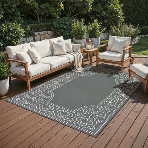 Oriental Weavers Marina Indoor/Outdoor Rug - 1247X - 1'9" x 3'9" - in Grey/Ivory - Classic Casual Style, Water, Stain and Fade Resistant, Hose Clean, Patio, Outdoor Living Area Rug