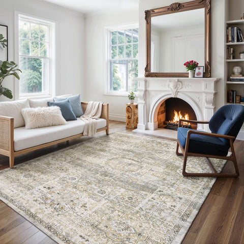 Oriental Weavers Windham Hand-Made Wool Blend Area Rug - WIN05-9' x 12' - in Grey/Gold - Vintage Inspired, Hand-Made Wool Blend Rugs, Dining, Living Room Rug