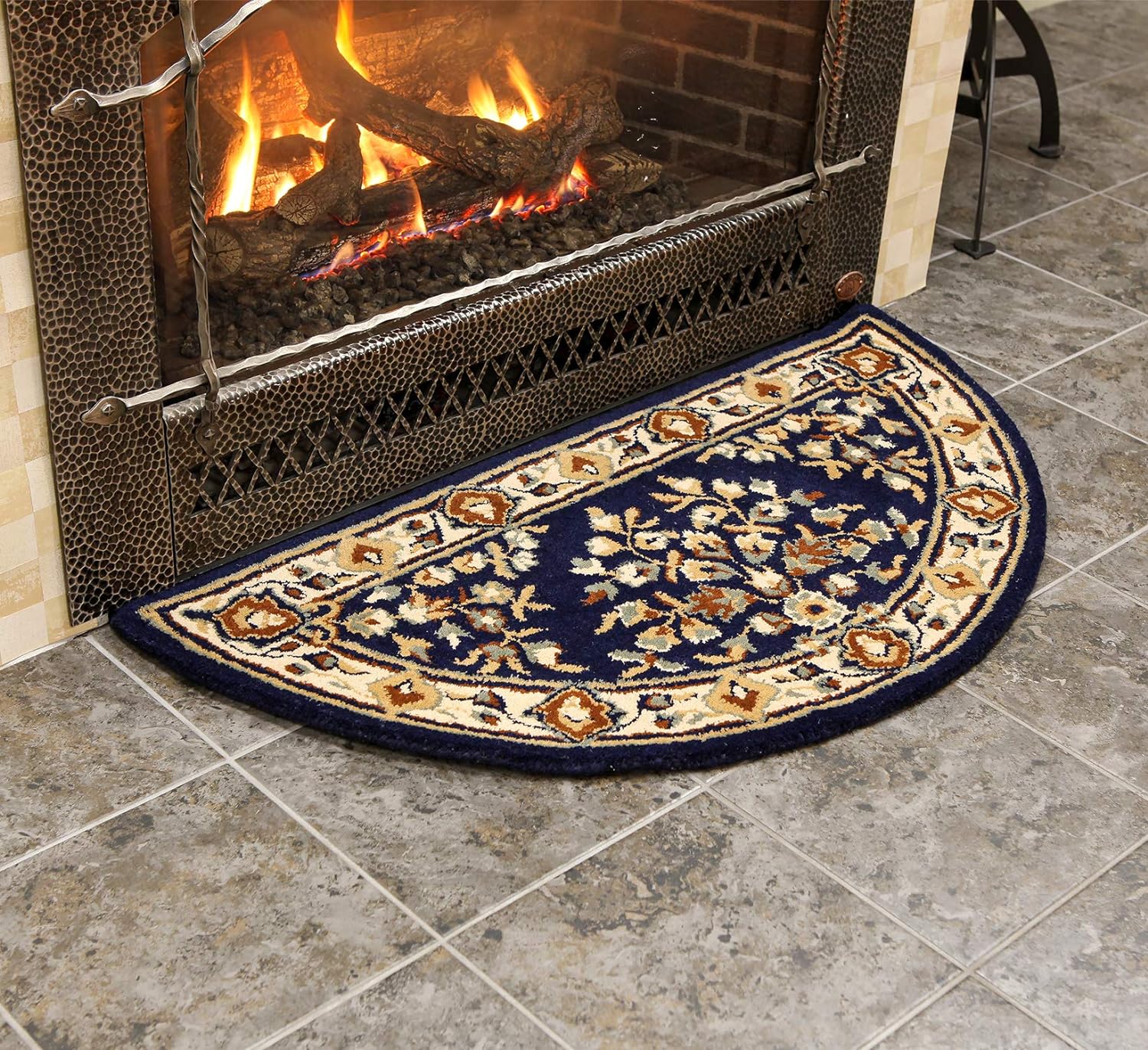 Minuteman International Blue Oriental Wool Hearth Rug, Half Round