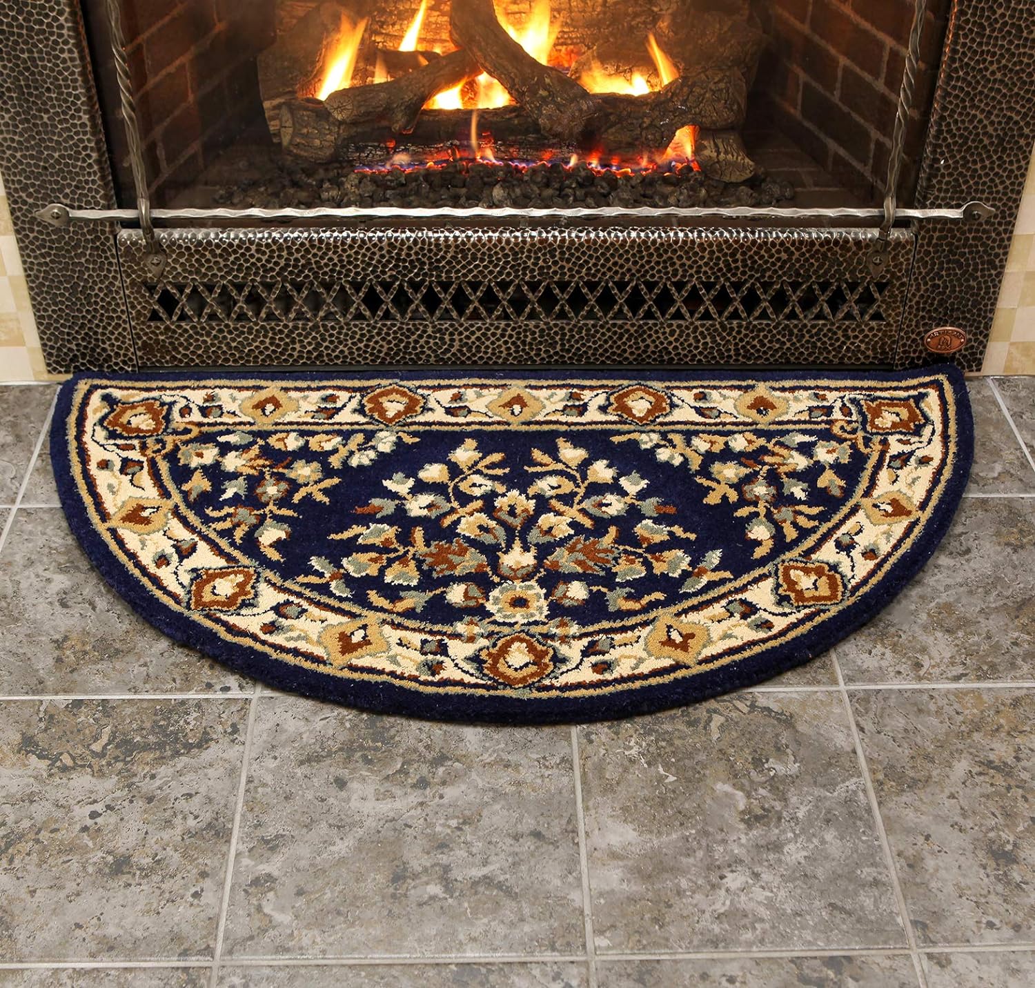 Minuteman International Blue Oriental Wool Hearth Rug, Half Round