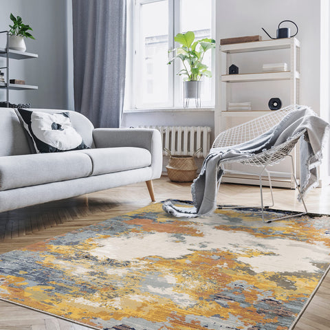 Oriental Weavers Caravan Area Rug - 530V8-3'3" x 5' - in Yellow/Blue - Modern Style, Stain Resistant, Family and Pet Friendly, Entrway, Bedroom Rug