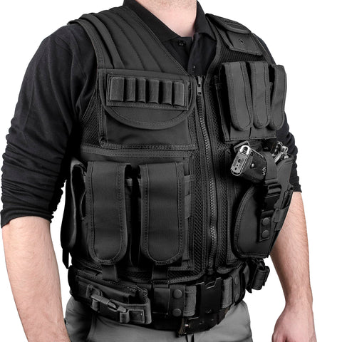 Barska Loaded Gear VX-200 Tactical Vest – Right Hand Holster, Adjustable Fit, Mag Pouches, Belt, ID Panel, Rescue Handle – Combat Vest for Airsoft or Training