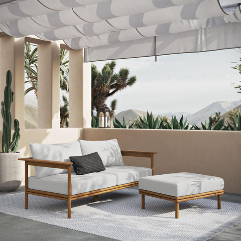 Modway Wren Teak Wood Outdoor Patio Sofa and Ottoman Set in Natural Sail