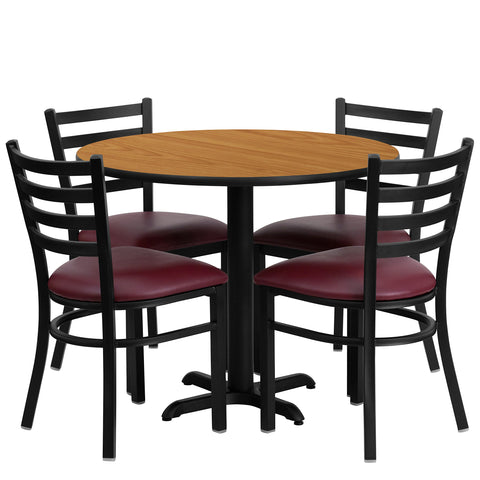Flash Furniture Carlton 36'' Round Natural Laminate Table Set with X-Base and 4 Ladder Back Metal Chairs - Burgundy Vinyl Seat
