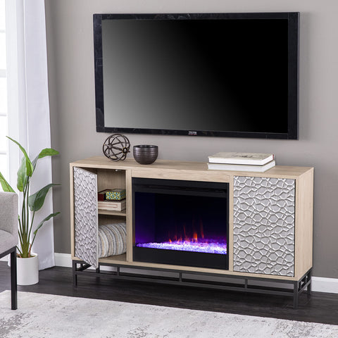 SEI Furniture Hollesborne Electric Fireplace TV Stand with Storage for TVs up to 50 Inches, Color Changing LED Flame, Natural