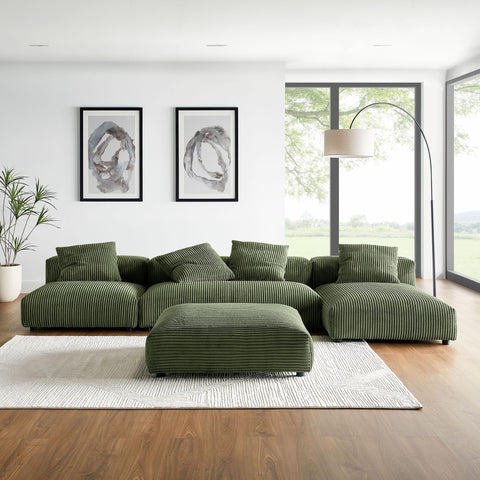 Modway Solace Modular 4-Piece Corduroy Sectional Sofa in Fern - Upholstered Deep Seat Set with Armless Chair, Loveseat, Chaise and Ottoman - Modern L-Shaped Sectional Couch for Living Room