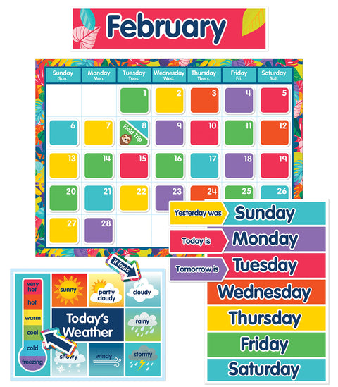 Carson Dellosa One World 134 pc Set Wall Calendar, Tropical Leaves Monthly Headers, Holidays, Birthdays, Number Cover Ups, Weather and Days of The Week Chart, Bulletin Board and Classroom Décor