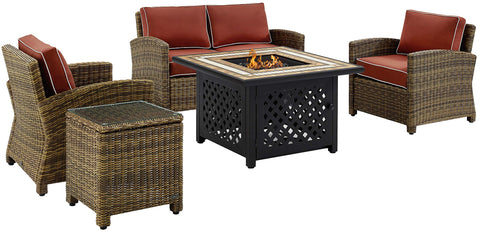 Bradenton 5Pc Wicker Outdoor Loveseat Set W/ Fire Table Weathered Brown/Sangria - Loveseat, Side Table, Tucson Fire Table, & 2 Armchairs