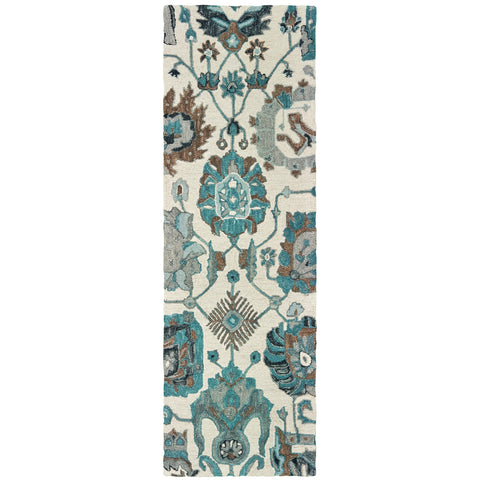 Oriental Weavers Zahra Hand-Made Wool Area Rug - 75503-2'6" x 8' - in Ivory/Blue - Vintage Bohemian Style, Hand-Made Wool Rugs, Entryway, Hallway Runner Rug