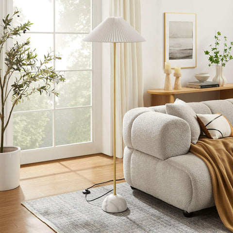 Modway Illusion Floor Lamp with Dome Marble Base and Pleated Shade in Brass