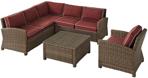 Bradenton 5Pc Wicker Outdoor Sectional Patio Furniture Set Sangria/Weathered Brown - Right Side Loveseat, Left Side Loveseat, Corner Chair, Arm Chair, & Sectional Glass Top Coffee Table