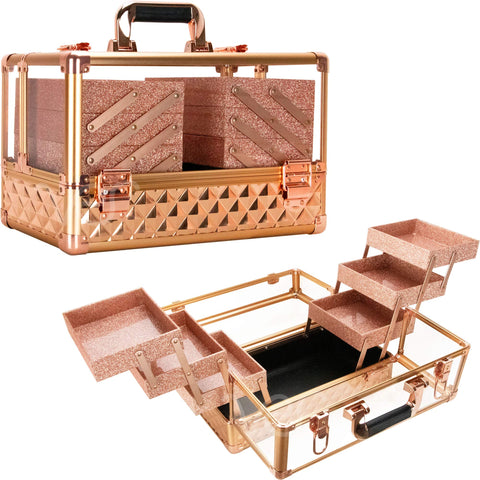 Ver Beauty 3.8mm Armored Acrylic Makeup Case Jewelry Portable Travel Art Craft Tattoo Organizer with 6 Extendable Trays Clear Cover Micro-Fiber Cloth Brush Holders Keylocks