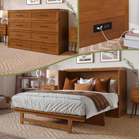 AFI, Tucson Queen Wood Murphy Bed Chest with 6" Mattress, Storage Drawer & Built-in USB Charger, Light Toffee
