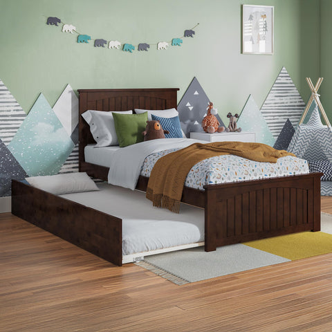 AFI Nantucket Twin Solid Wood Platform Bed with Matching Footboard & Twin Trundle in Walnut
