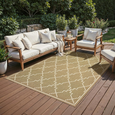 Oriental Weavers Marina Indoor/Outdoor Rug - 7765Y - 1'9" x 3'9" - in Tan/Ivory - Moroccan Style, Water, Stain and Fade Resistant, Hose Clean, Patio, Outdoor Living Area Rug
