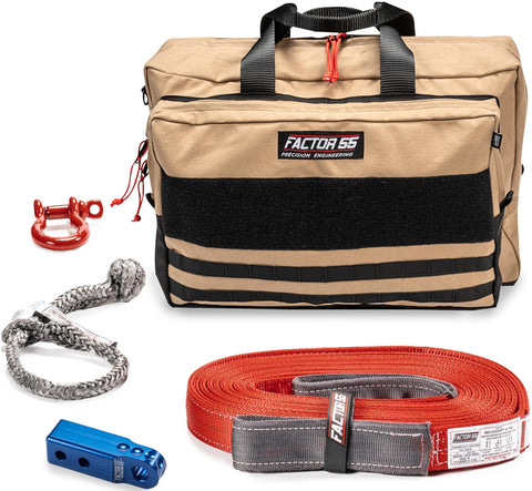 Factor 55 Owyhee Tow and Recovery Kit for Trucks, Jeeps, and SUVs, with Blue Hitchlink and Large Bag