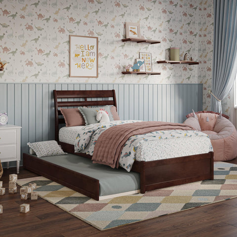 AFI, Emelie Twin Platform Bed with Panel Footboard and Twin Trundle, Walnut