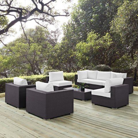 Modway Convene Wicker Rattan 8-Piece Outdoor Patio Sectional Sofa Furniture Set in Espresso White