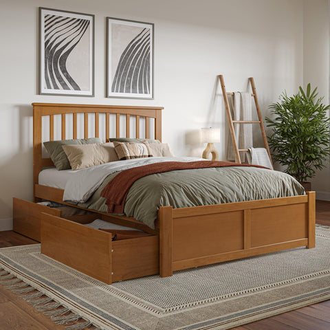 AFI Mission Full Solid Wood Platform Bed with Footboard & Storage Drawers in Light Toffee
