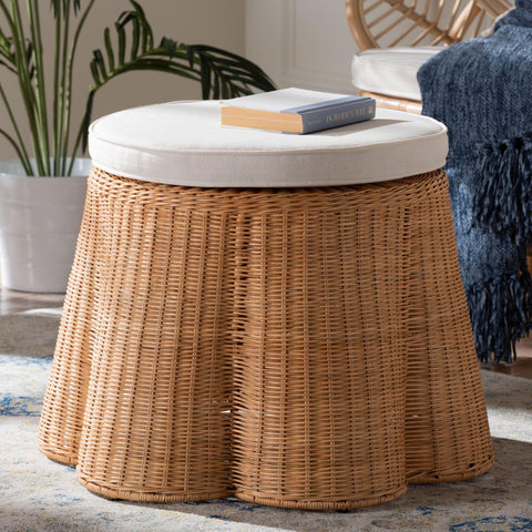 Bali & pari Palm Scallop Natural Rattan Ottoman with Cushion – Handwoven Wicker Accent Stool or Footrest for Living Room, Bedroom, or Sunroom, Coastal Boho Style, 27-inch Wide, Round