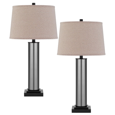 Cal Garner 150W 3 Way Glass Table lamp with Taper Drum hardback Fabric Shade. Priced and Sold as Pairs