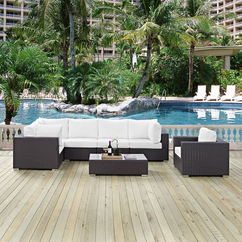 Modway Convene Wicker Rattan 7-pc Outdoor Patio Sectional Sofa Furniture Set in Espresso White