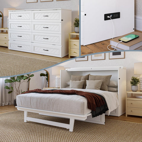 AFI, Alpine Queen Wood Murphy Bed Chest with 6" Mattress, Storage Drawer & Built-in USB Charger, White