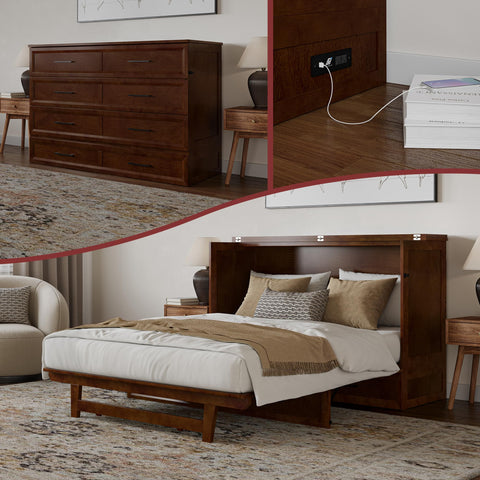 AFI, Tucson Queen Wood Murphy Bed Chest with 6" Mattress, Storage Drawer & Built-in USB Charger, Walnut