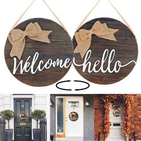 DQ DQ HOME DECOR Reversible Welcome Sign for Front Door Decor, Rustic Wooden Door Hangers for Front Porch Decor, Farmhouse Outdoor Welcome Signs for Porch, Patio Signs Distressed Brown
