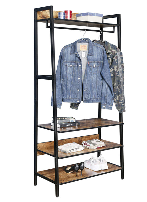 JJS 33" Wide Entryway Coat Rack, Industrial Rustic Hall Tree Shoe Bench with Storage Shelves for Hallway, Wood Look Accent Furniture with Metal Frame, Rustic Brown