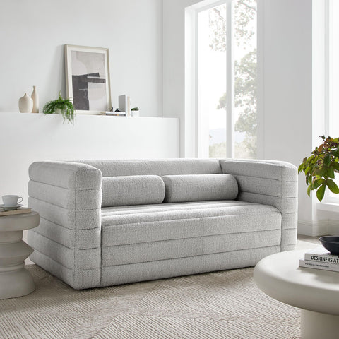 Modway Relle Channel Tufted Boucle Upholstered Loveseat in Newsprint - Deep Seat Small Couch - Retro Vintage Mid Century Soft Love Seat with 2 Bolster Pillows - 2 Seater Couch for Living Room