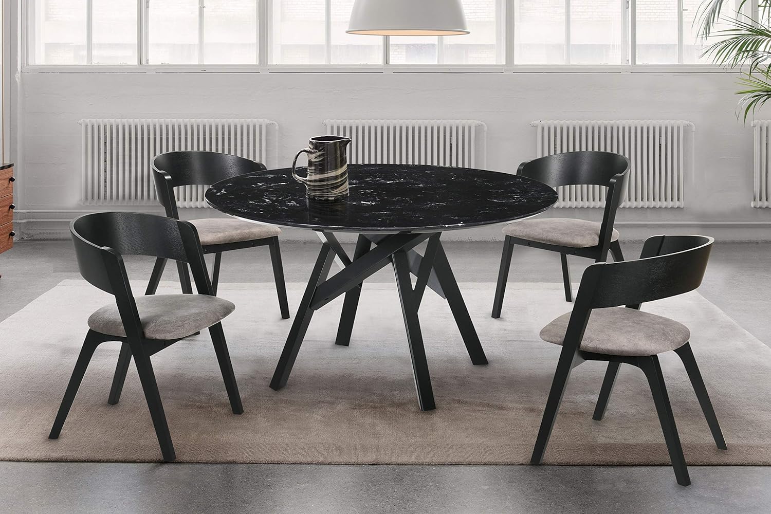 Venus 54" Round Mid-Century Modern Black Marble Dining Table