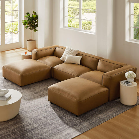 Modway Auren Vegan Leather 5 Piece Modular U-Shaped Sofa in Camel - Faux Leather Sectional - Comfy PU Leather Sofa - Oversized Mid Century Modern Couch for Living Room or Apartment