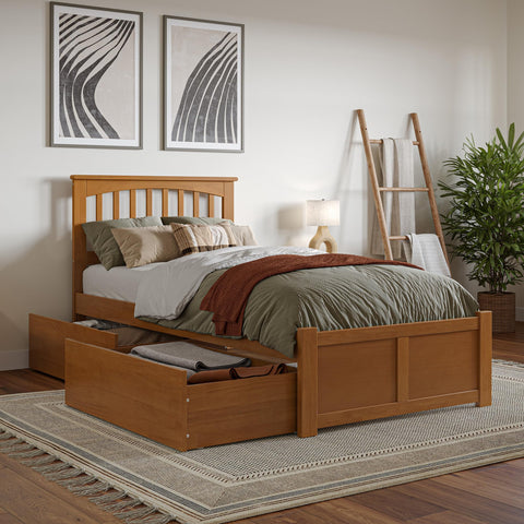 AFI Mission Twin XL Solid Wood Platform Bed with Footboard & Storage Drawers in Light Toffee