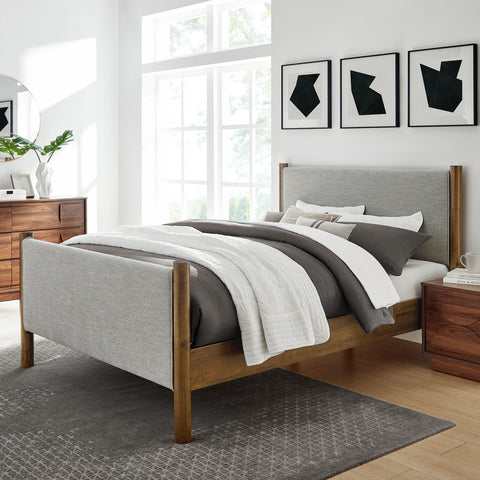 Modway Maven King Size Bed Frame in Wheat Walnut with Upholstered Fabric Headboard and Footboard – Wood King Platform Bed Frame – No Box Spring Needed