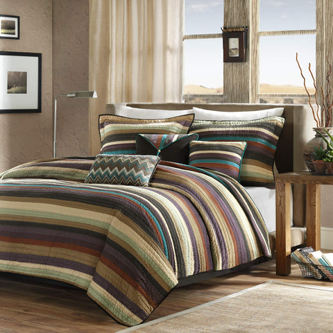Madison Park Quilt Rustic Southwestern - All Season, Breathable Coverlet Bedspread, Lightweight Bedding, Shams, Decorative Pillow, King/Cal King(104"x94"), Yosemite, Stripes Purple/Teal 6 Piece