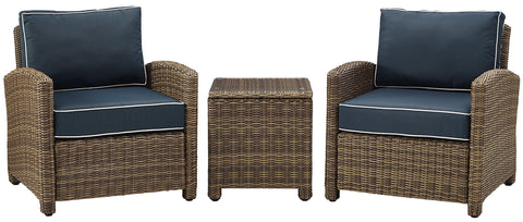 Bradenton 3Pc Wicker Outdoor Chair Set Navy/Weathered Brown - Side Table & 2 Armchairs