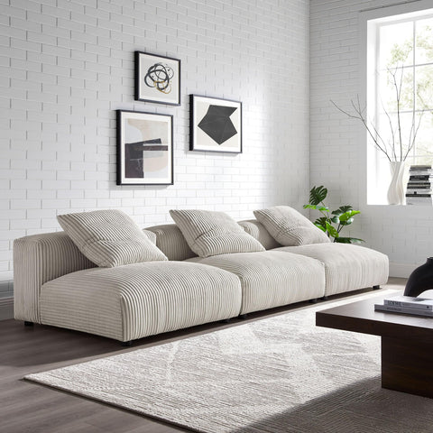 Modway Solace Corduroy 3-Piece Modular Sofa in Almond - Comfy Corduroy Upholstered Deep Seat Couch - Modern 3-Seat Armless Sectional Chairs - Oversized Couches for Living Room