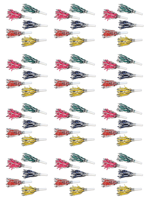 Beistle Fringed Trumpets – 100 Pack Assorted Color Blowout Horns with Metallic Fringe and White Mouthpieces, Noisemakers for New Years Eve Celebrations, Birthday Parties and Festive Events, 7"