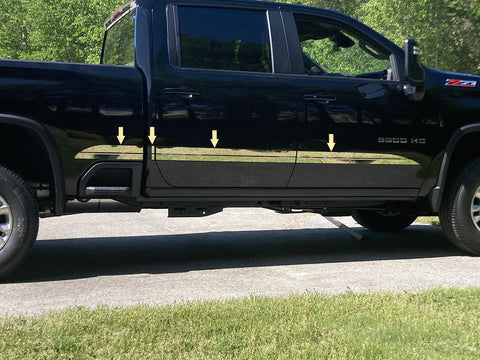 QAA Part AT60184 is an 8 Piece Stainless Steel Body Side Molding Accent Trim, Tapered Width from a Point - 3.5" That is Compatible with Chevrolet Silverado HD Crew cab 2020-2024