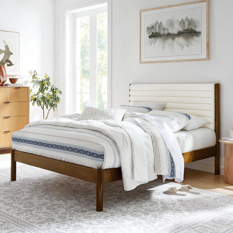 Modway Olea King Size Boucle Upholstered Platform Bed in Feather Walnut - Solid Wood Bed Frame with Channel Tufted Boucle Fabric Headboard - Sturdy Wood Slat Support - No Box Spring Required