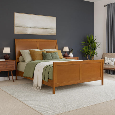AFI Valencia Queen Solid Wood Low Profile Sleigh Platform Bed with Matching Footboard in Light Toffee